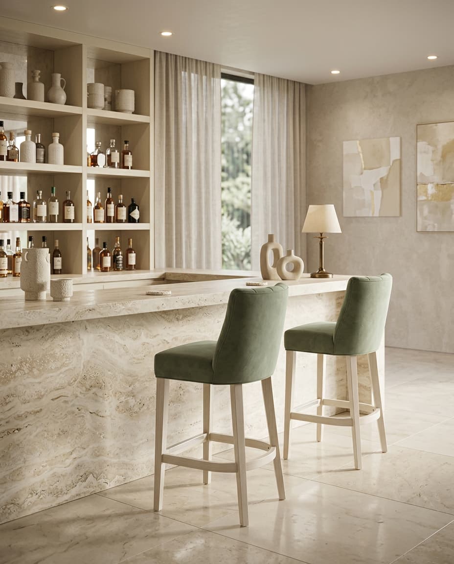 Two 7091 barstools with sage green velvet upholstery and cream wood frames at a travertine bar counter in a warm, light-filled lounge bar.