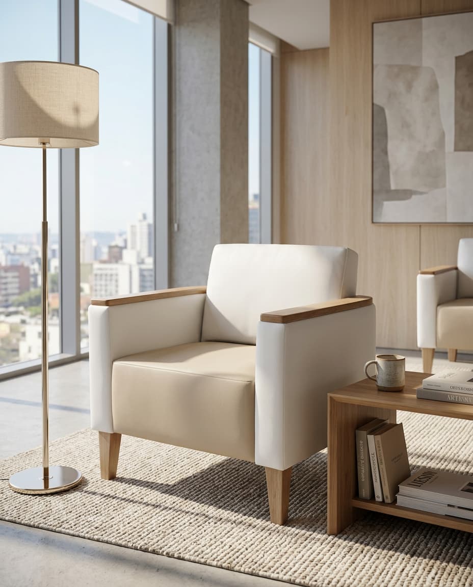 Fiam lounge armchair in cream and white upholstery with oak armrests and legs, on a woven rug beside an oak side table in a sunlit lounge with city views.