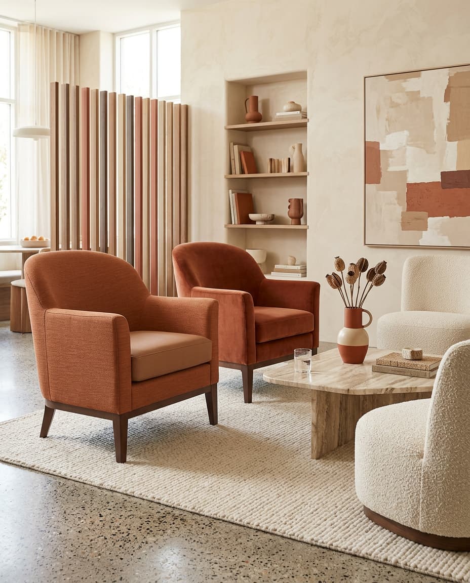 Two Tess lounge armchairs in rust upholstery with dark wood legs, beside cream bouclé chairs and a travertine coffee table in a bright, warm lounge.