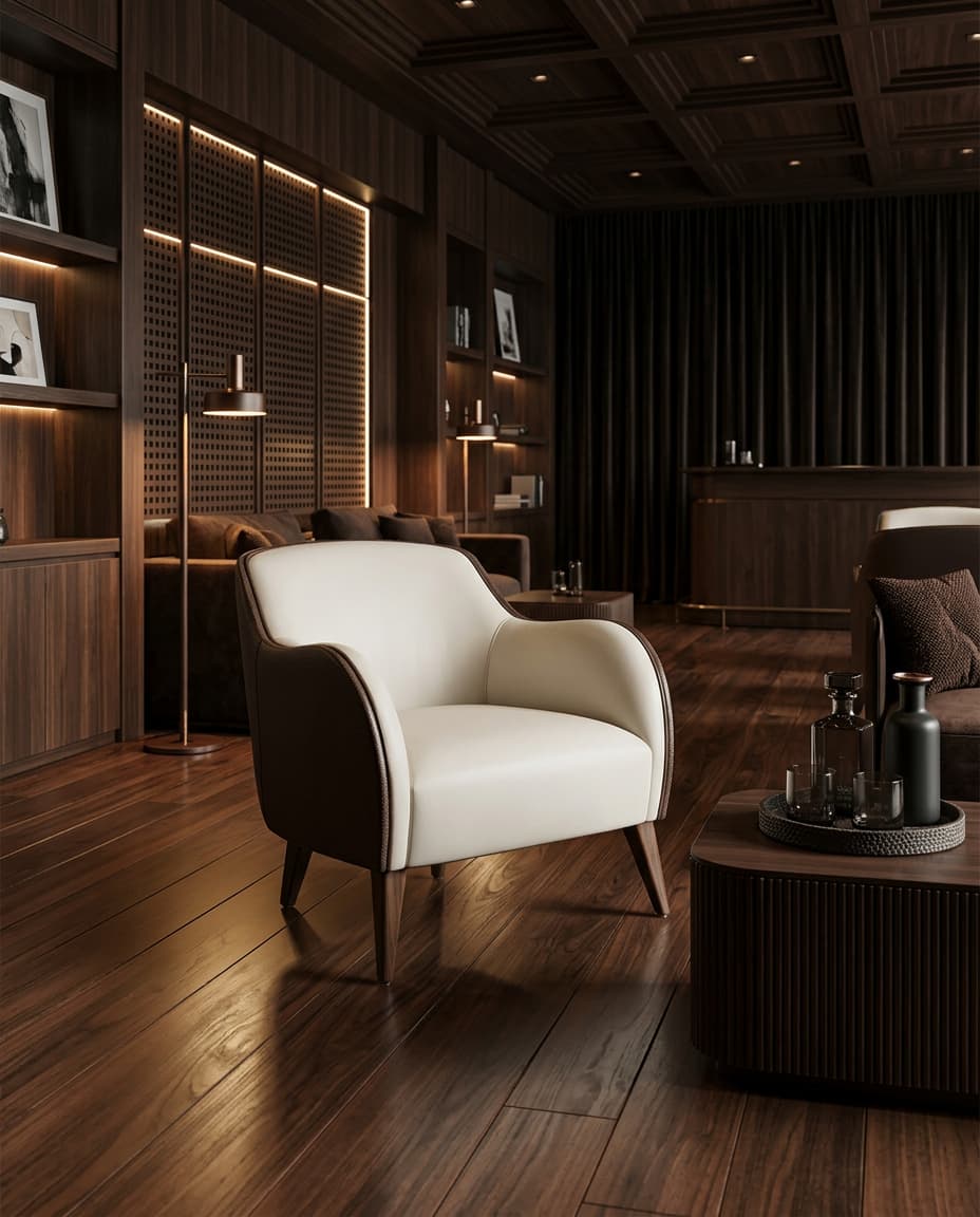 Gina lounge chair with a cream seat and inner back, brown outer shell and tapered walnut legs, in a dark walnut-panelled lounge with warm accent lighting.