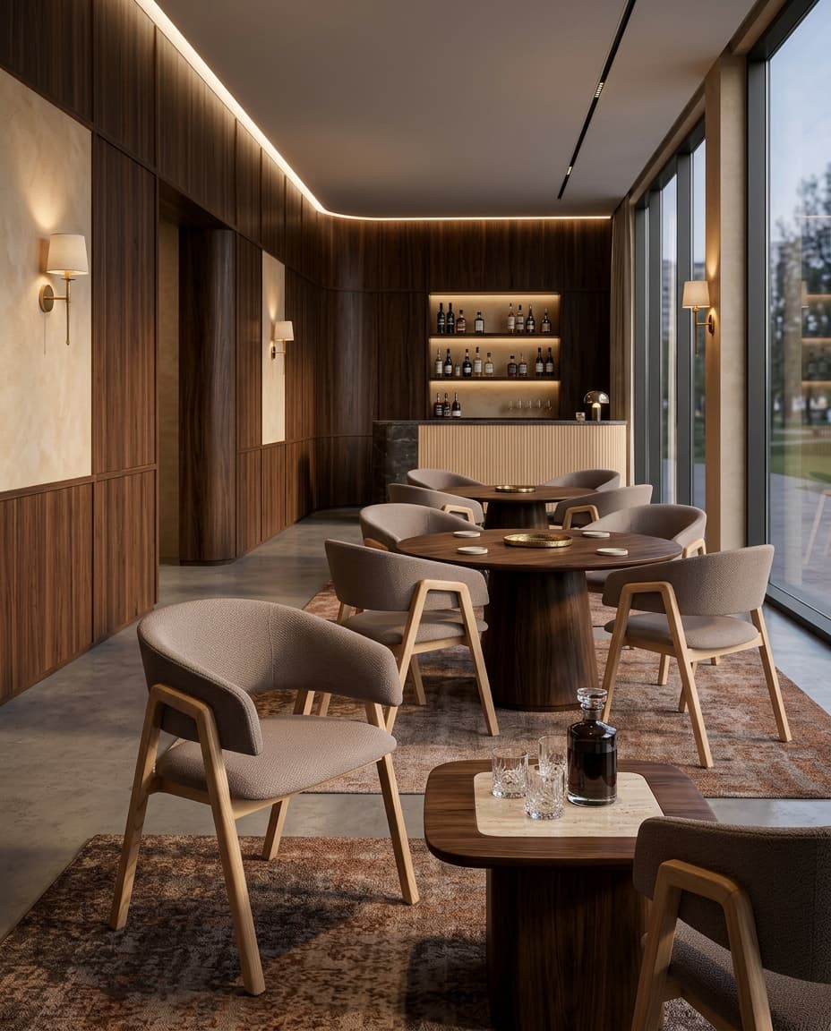 Kaya side chairs in warm taupe upholstery with light wood frames, around round walnut tables in a bar lounge with wood-panelled walls and evening light.
