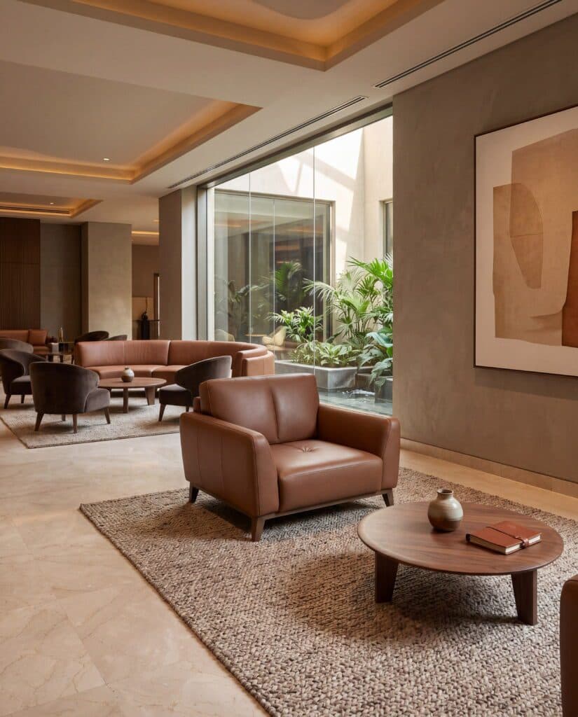 Luna 1-seater lounge armchair in cognac leather with a dark wood base, on a woven rug beside a round walnut coffee table in a bright hotel lobby.
