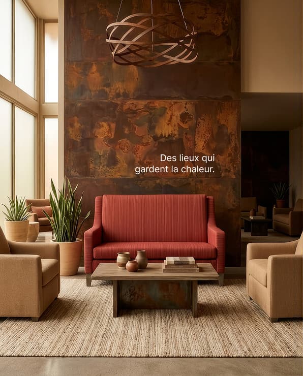 Des lieux qui gardent la chaleur, mobilier hôtelier KECA dans des ambiances ocre, crème, rouille et noyer