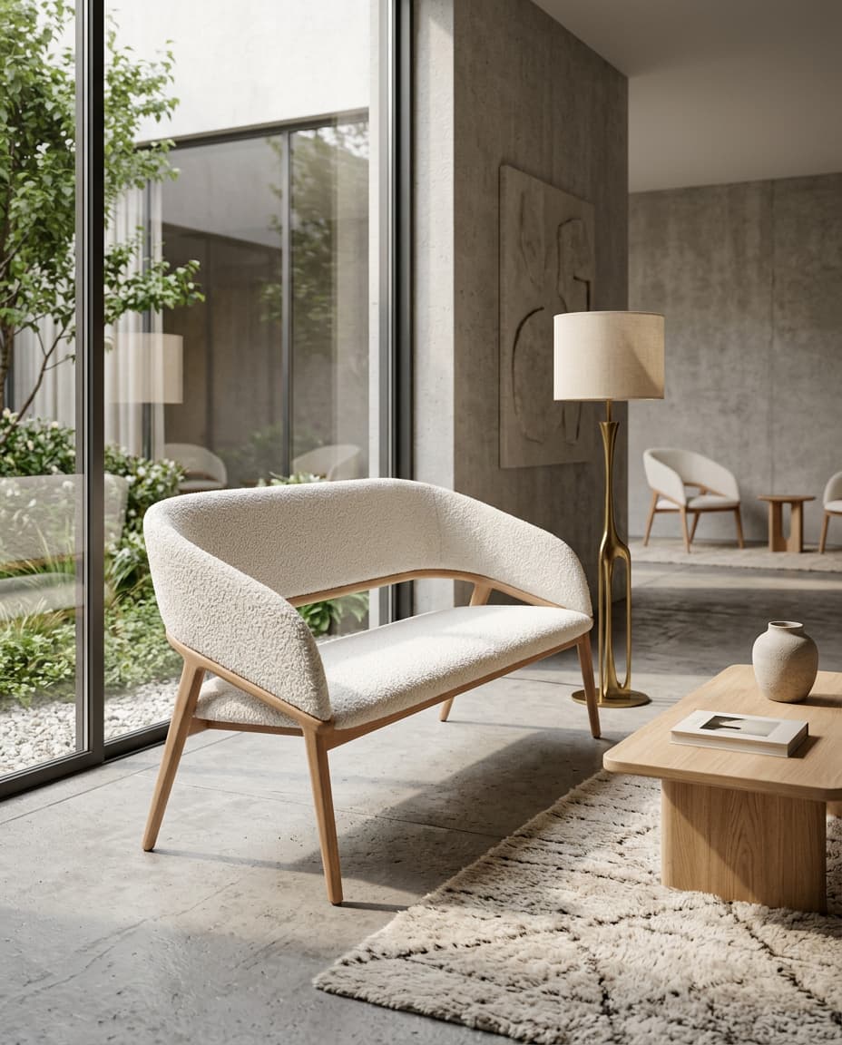 Tagbench bench in cream bouclé with a light oak frame, beside a tall window onto a garden, a brass floor lamp and an oak coffee table in a calm concrete lounge.