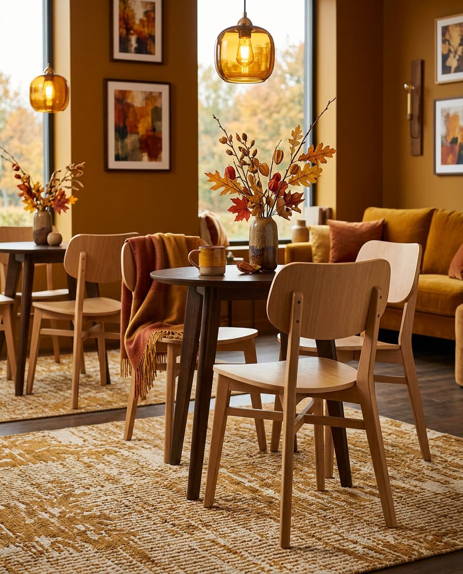 Hubert café chairs in light wood around dark round tables in a cozy café with ochre walls, amber pendant lights, a warm throw and seasonal branches.