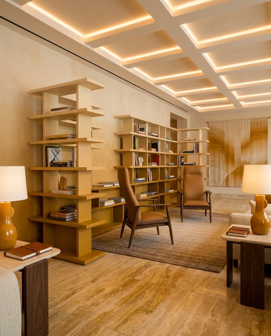 Two Sandy Tall high-back lounge armchairs in ochre-caramel upholstery with dark wood frames, in a hotel library lounge with golden shelving and warm ceiling light.