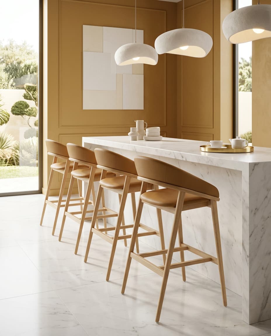 Four Tagbar barstools in light wood with ochre upholstered seats and curved backs, lined up at a white marble island against an ochre wall.